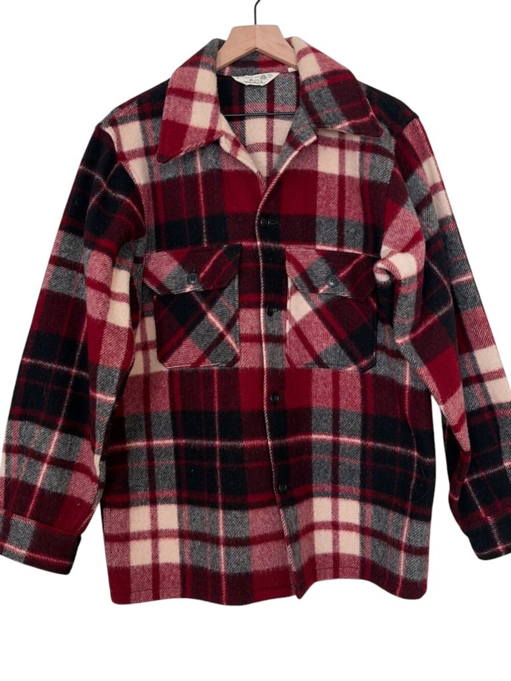 Vintage 70s Woolrich Red Cream Black Plaid Wool Shirt Jacket